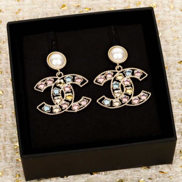 Pearls and rainbow diamond double C earrings.JW01 - Image 2