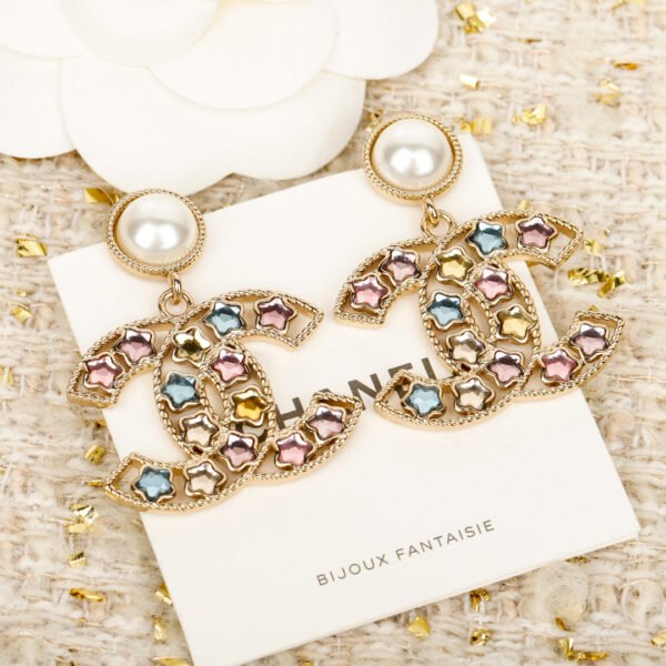 Pearls and rainbow diamond double C earrings.JW01 - Image 5