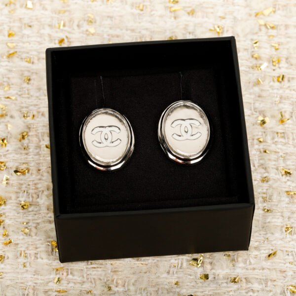 Silver mirror earrings White enamel double C .JW01 - Image 2