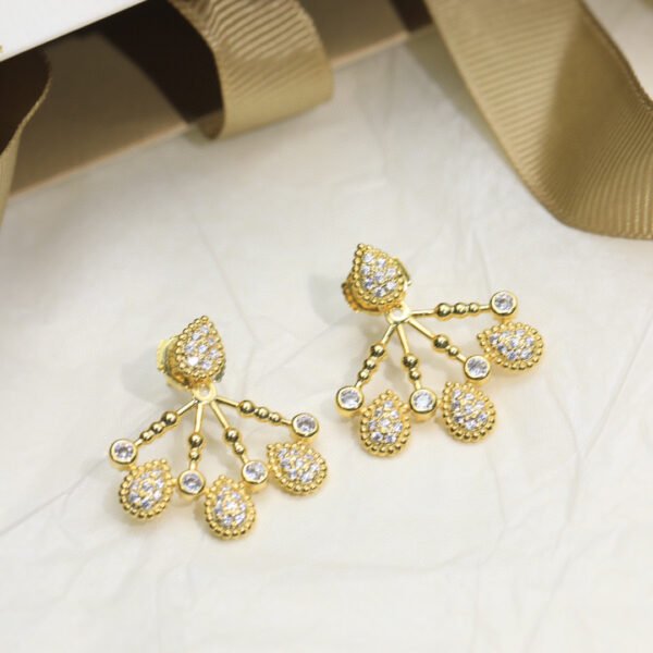 Teardrop-shaped thick gold electroplating with diamonds and silver needle Earrings.JW01 - Image 2