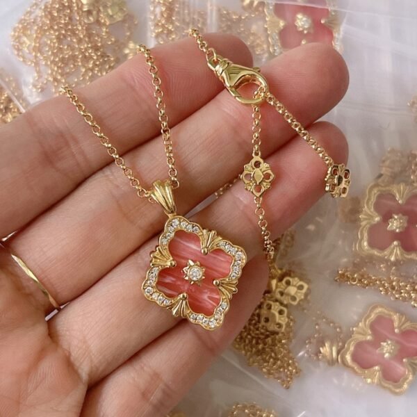 Diamond brushed four-leaf clover double sided necklace 18K thick gold electroplating.JW01 - Image 7