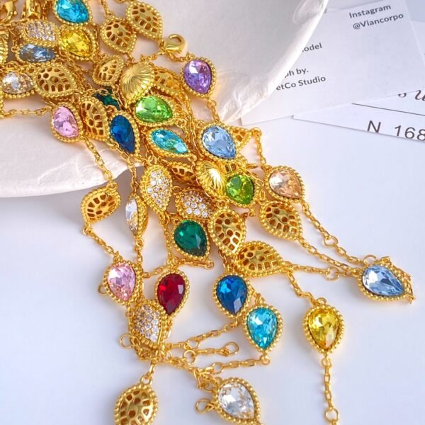 Teardrop shaped diamond and metal bead edge electroplated 18k gold bracelet.JW01 - Image 5