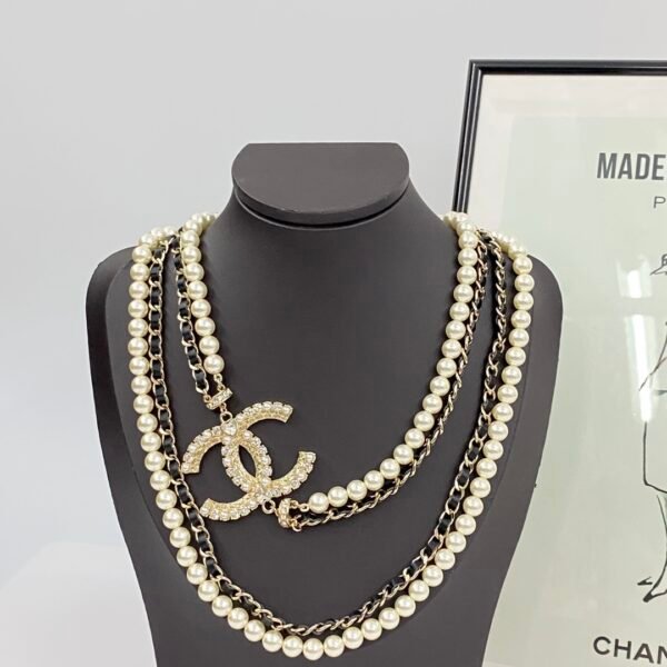 Rhinestone textured double C Black calfskin and pearls Sweater Necklace.JW01 - Image 2