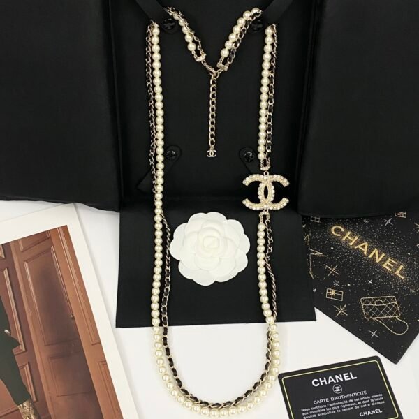 Rhinestone textured double C Black calfskin and pearls Sweater Necklace.JW01 - Image 3
