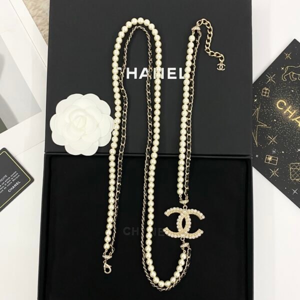 Rhinestone textured double C Black calfskin and pearls Sweater Necklace.JW01 - Image 4