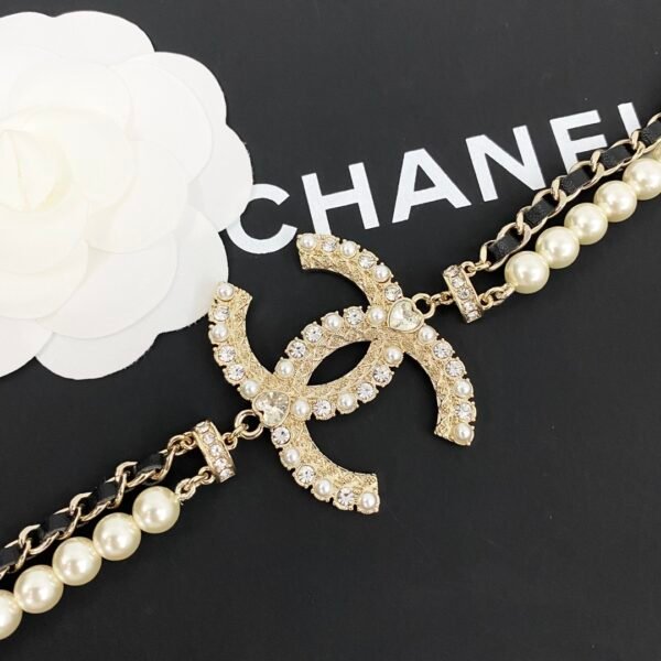 Rhinestone textured double C Black calfskin and pearls Sweater Necklace.JW01 - Image 7
