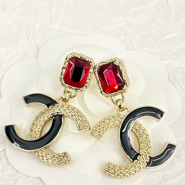 Classic Black and gold color textured Ruby Enamel CC Earrings.JW01 - Image 5