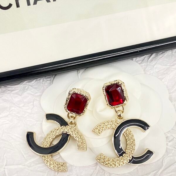 Classic Black and gold color textured Ruby Enamel CC Earrings.JW01 - Image 6