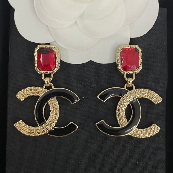 Classic Black and gold color textured Ruby Enamel CC Earrings.JW01 - Image 7