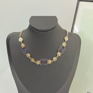 Denim blue CC with pattern of gold coins luxury necklace.JW01
