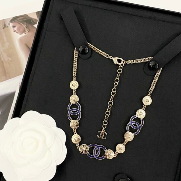 Denim blue CC with pattern of gold coins luxury necklace.JW01 - Image 8