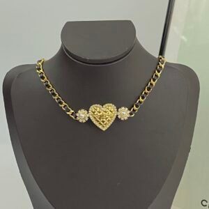 Gold Heart decorated with pearl flowers on both sides Leather Necklace.JW01