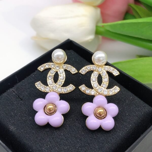 Pink flower Earrings with golden CC logo pearl and diamonds.JW01 - Image 2