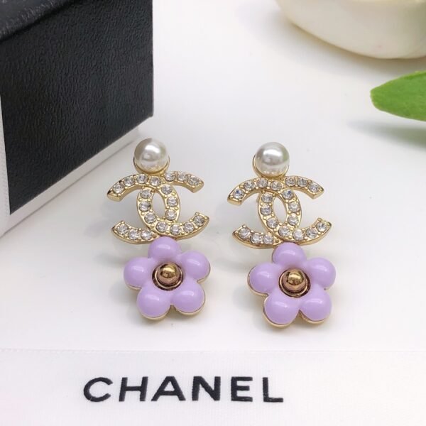 Pink flower Earrings with golden CC logo pearl and diamonds.JW01 - Image 3