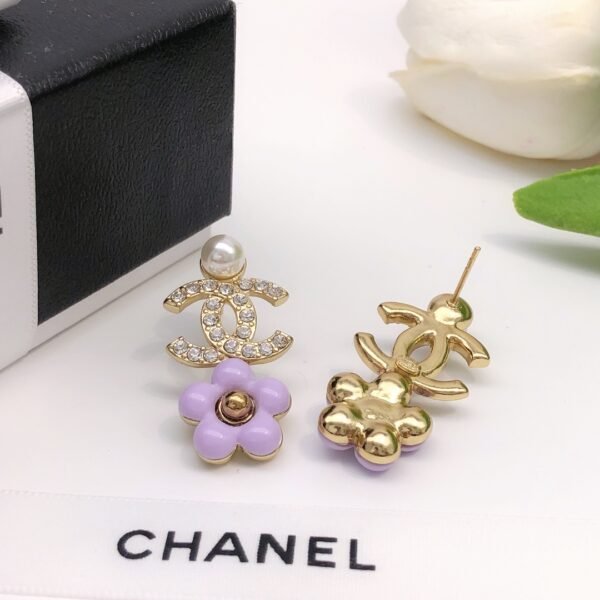 Pink flower Earrings with golden CC logo pearl and diamonds.JW01 - Image 4