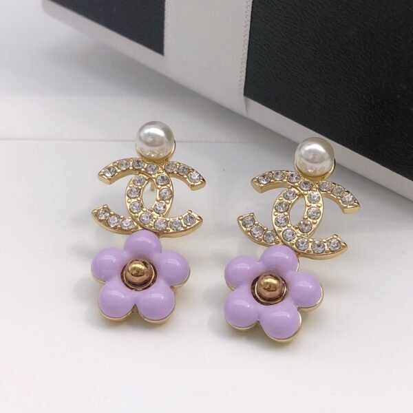 Pink flower Earrings with golden CC logo pearl and diamonds.JW01 - Image 5
