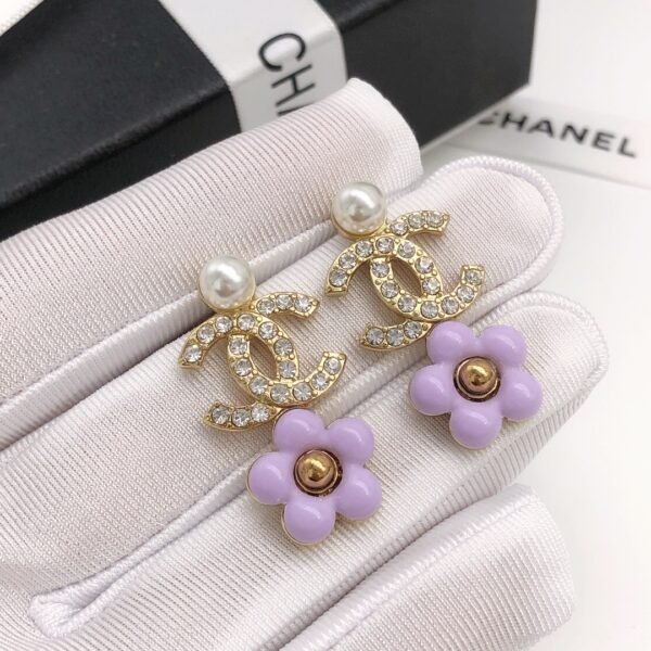 Pink flower Earrings with golden CC logo pearl and diamonds.JW01 - Image 7