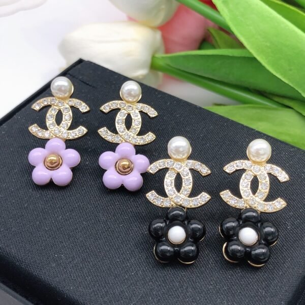 Pink flower Earrings with golden CC logo pearl and diamonds.JW01 - Image 8