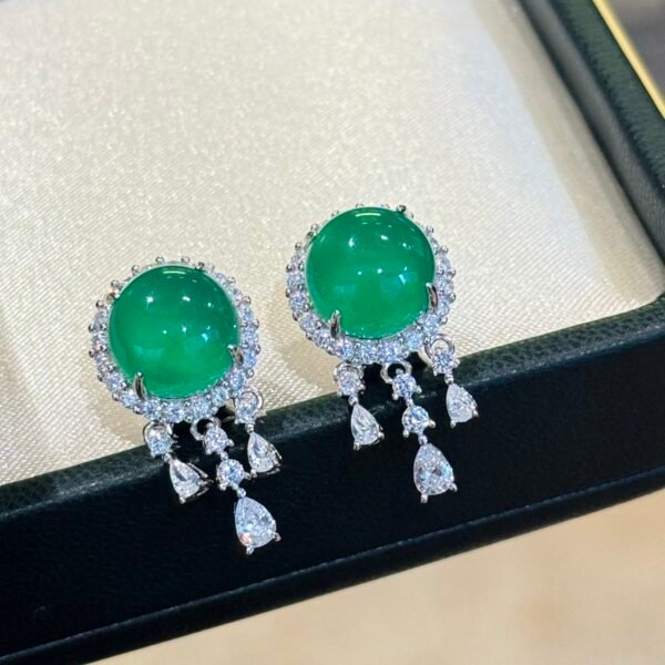 Emerald Egg-shaped water Drop Tassel silver Earrings.JW01 - Image 4