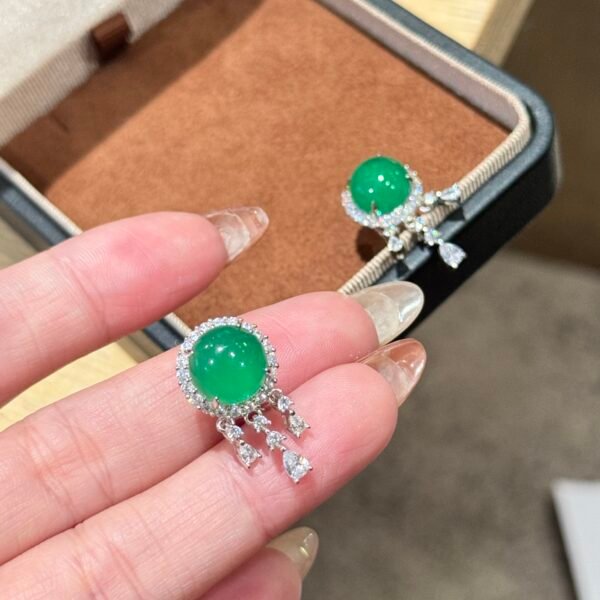 Emerald Egg-shaped water Drop Tassel silver Earrings.JW01 - Image 6