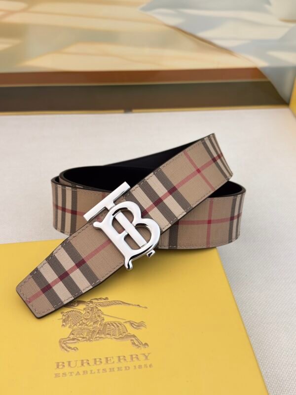 4cm Double sided first-layer cowhide printed stripes and plain pattern on the other side silver buckle Belt . - Image 2