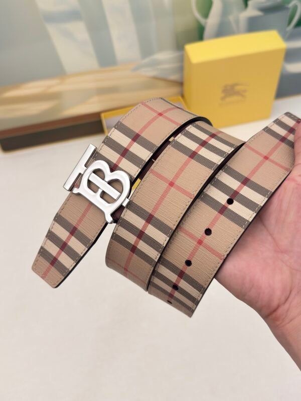 4cm Double sided first-layer cowhide printed stripes and plain pattern on the other side silver buckle Belt . - Image 6