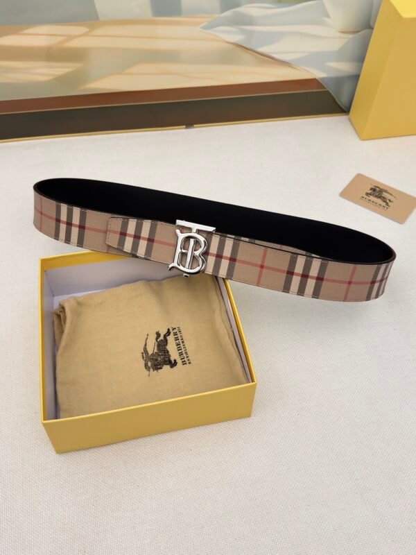 4cm Double sided first-layer cowhide printed stripes and plain pattern on the other side silver buckle Belt . - Image 7