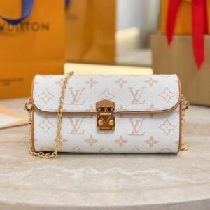 White Flower Series  Pochette Camille in Monogram Dune with Genuine cowhide leather .