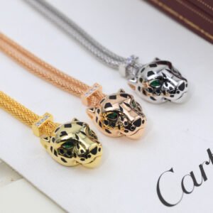 Alternative view of 18k gold-plated Luxurious Leopard Head Collar Necklace with emerald leopard eyes.
