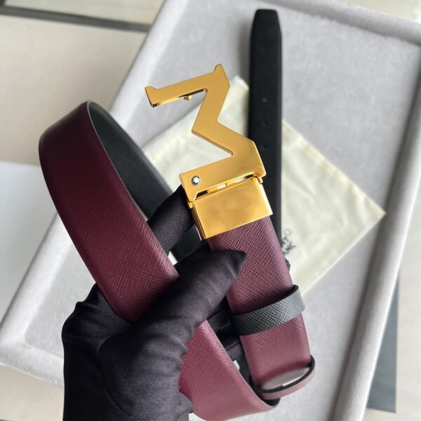 M shaped golden buckle Double-sided grained calfskin 100% leather Luxurious Belt. - Image 7
