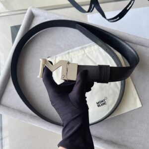 M shaped Silver buckle Double-sided grained calfskin 100% leather Luxurious Belt.