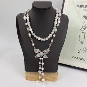 Silver full Diamond butterfly pink glazed beaded Necklace, can be worn as sweater chain or waist chain.