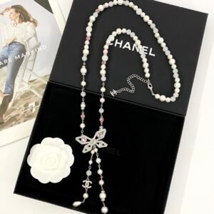 Alternative view of Silver full Diamond butterfly pink glazed beaded Necklace, can be worn as sweater chain or waist chain.