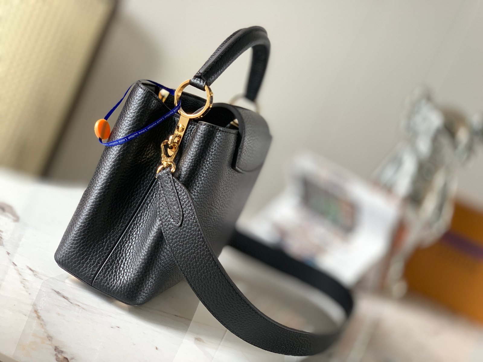 Premium Quality original black leather gold buckle capucines BB full-grain cowhide, iconic side rings and monogram floral flaps. - Image 3