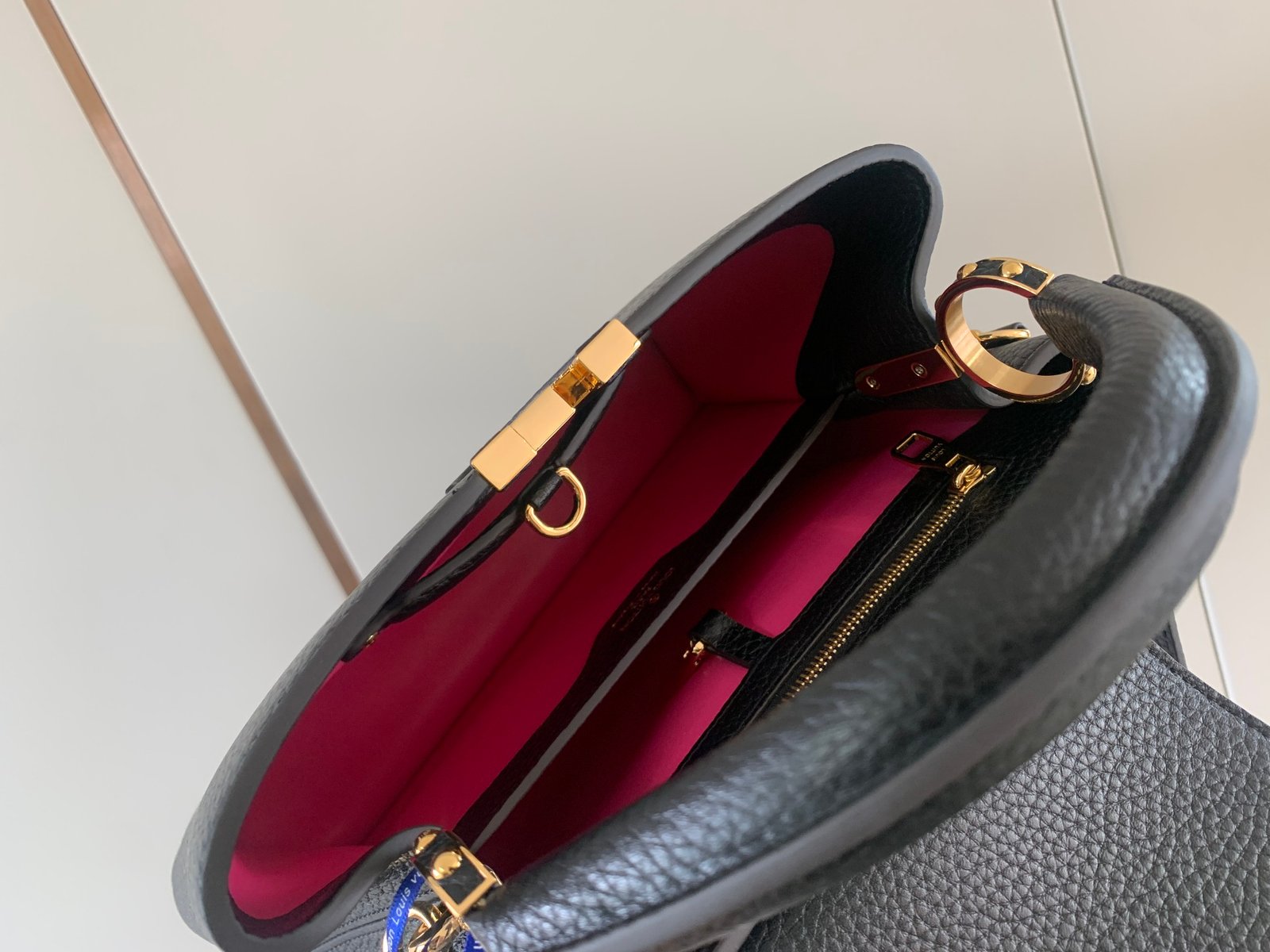 Premium Quality original black leather gold buckle capucines BB full-grain cowhide, iconic side rings and monogram floral flaps. - Image 8