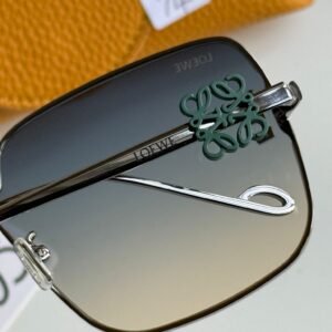 Alternative view of High-quality metal rimmed grey frame,sophisticated rectangular sunglasses for women blue–grey to beige gradient lens.