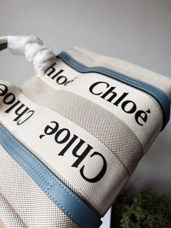 Small Woody tote bag in  shiny calfskin and linen white and blue small bag on the arm, shoulder or cross-body. - Image 2