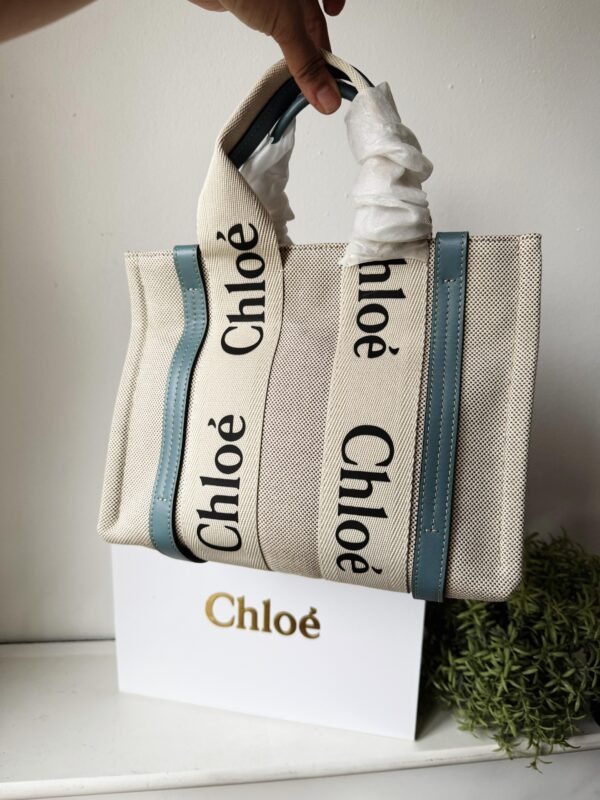 Small Woody tote bag in  shiny calfskin and linen white and blue small bag on the arm, shoulder or cross-body. - Image 5