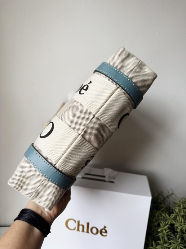 Small Woody tote bag in  shiny calfskin and linen white and blue small bag on the arm, shoulder or cross-body. - Image 6