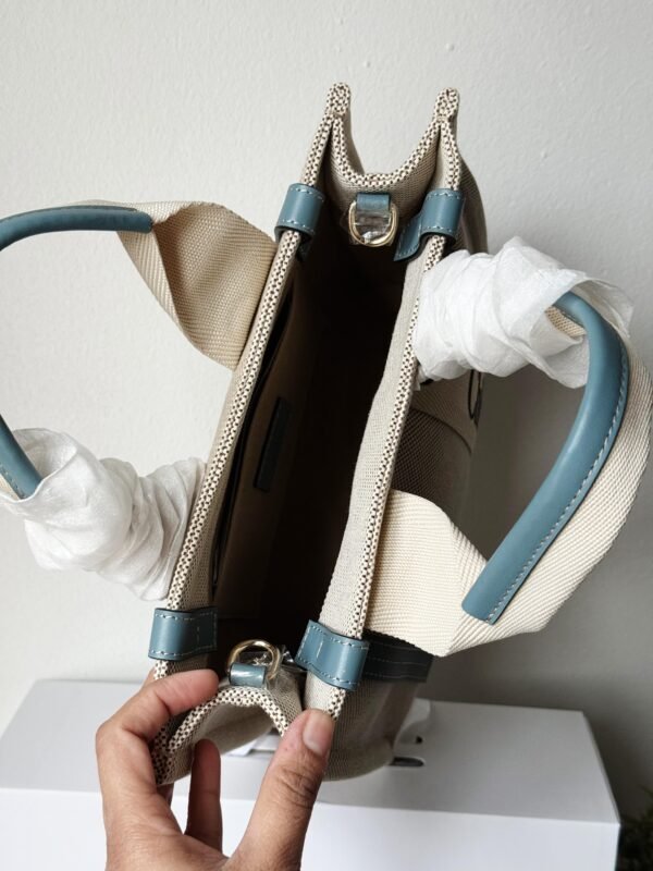 Small Woody tote bag in  shiny calfskin and linen white and blue small bag on the arm, shoulder or cross-body. - Image 7