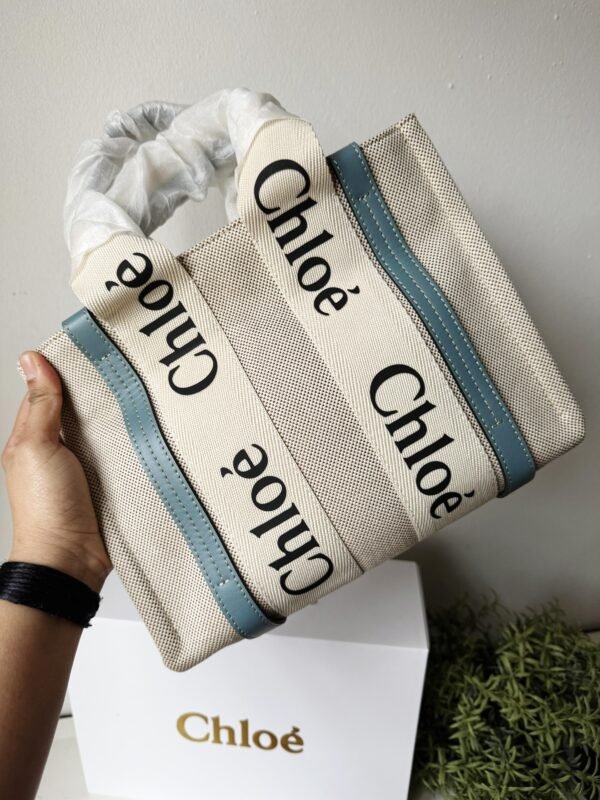Small Woody tote bag in  shiny calfskin and linen white and blue small bag on the arm, shoulder or cross-body. - Image 8