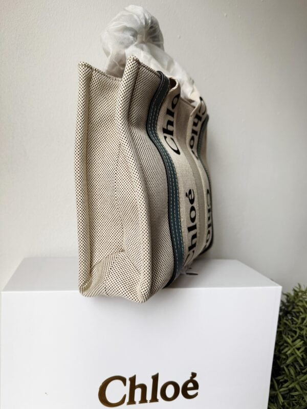 Small Woody tote bag in  shiny calfskin and linen white and blue small bag on the arm, shoulder or cross-body. - Image 9