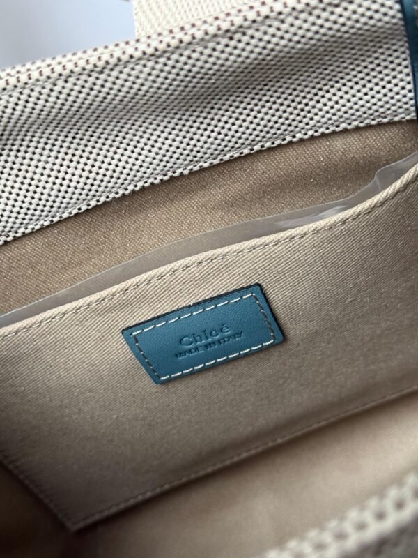 Small Woody tote bag in  shiny calfskin and linen white and blue small bag on the arm, shoulder or cross-body. - Image 13