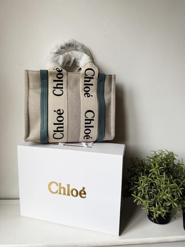 Small Woody tote bag in  shiny calfskin and linen white and blue small bag on the arm, shoulder or cross-body. - Image 11