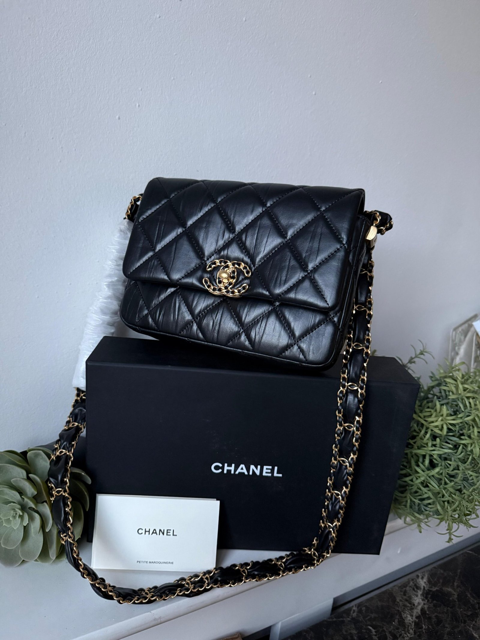 Genuine quality Black smooth grain lambskin leather, gold hardware shoulder Bag.