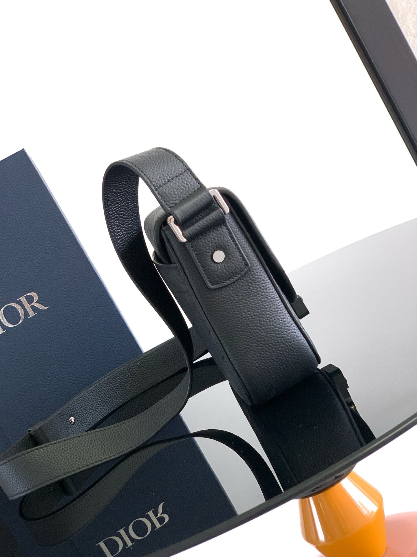 Saddle flap messenger bag made with embossed printed Black grained cowhide and saddle flap. - Image 3