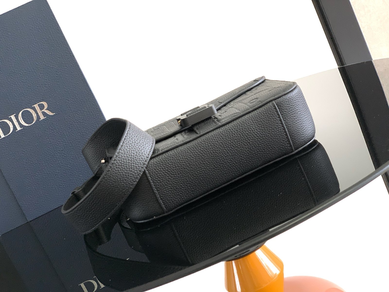 Saddle flap messenger bag made with embossed printed Black grained cowhide and saddle flap. - Image 4