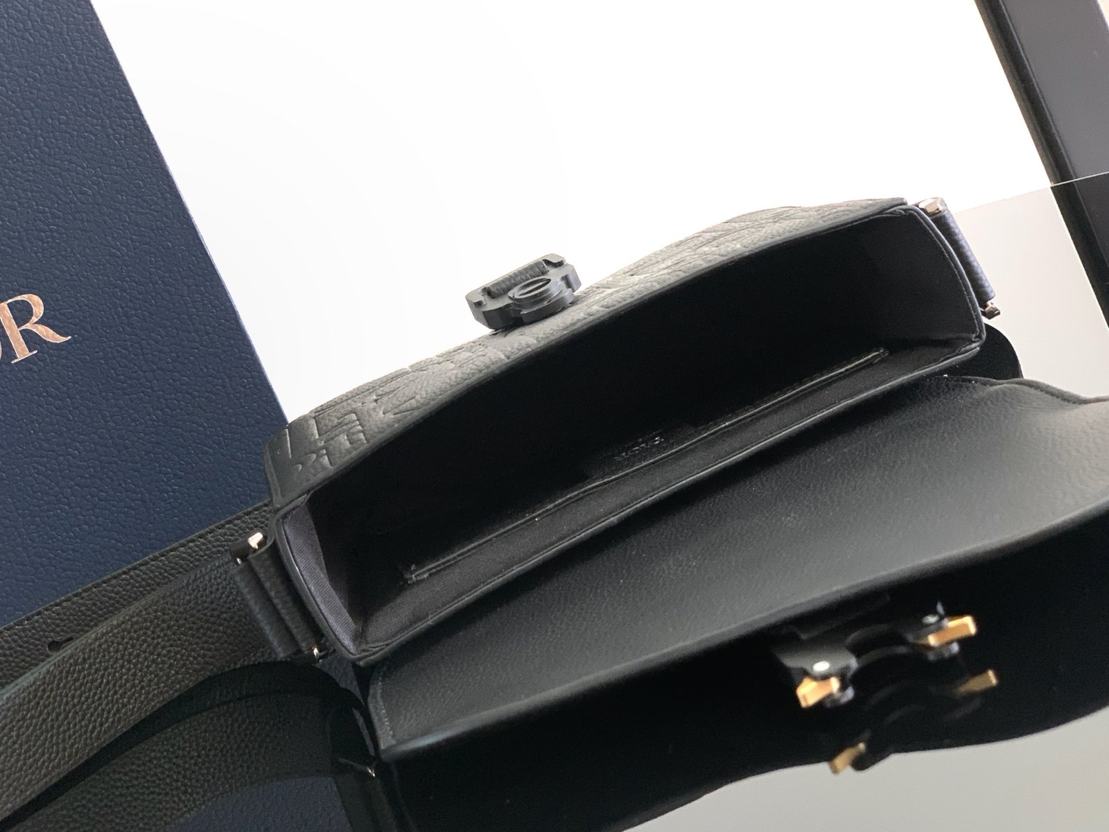 Saddle flap messenger bag made with embossed printed Black grained cowhide and saddle flap. - Image 6