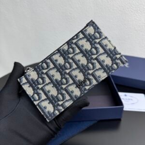 Zipper card holder made of beige and black Oblique printed fabrics and cowhide, 4 card slots.