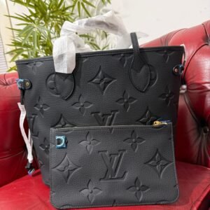 Genuine Leather Neverfull MM Black tote bag with a matching pouch, both featuring embossed monogram pattern.